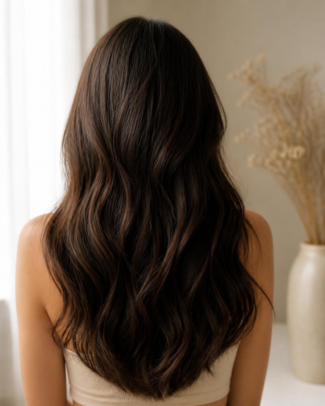 Cabelo saudável fotografado de costas em luz natural